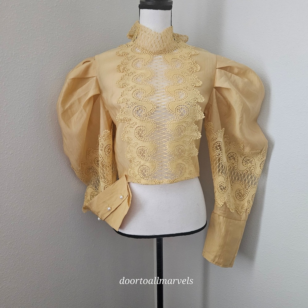 JJ's Fairyland Victorian Blouse Oversized Puff Sleeves Lace Bow Tie Neck sz M